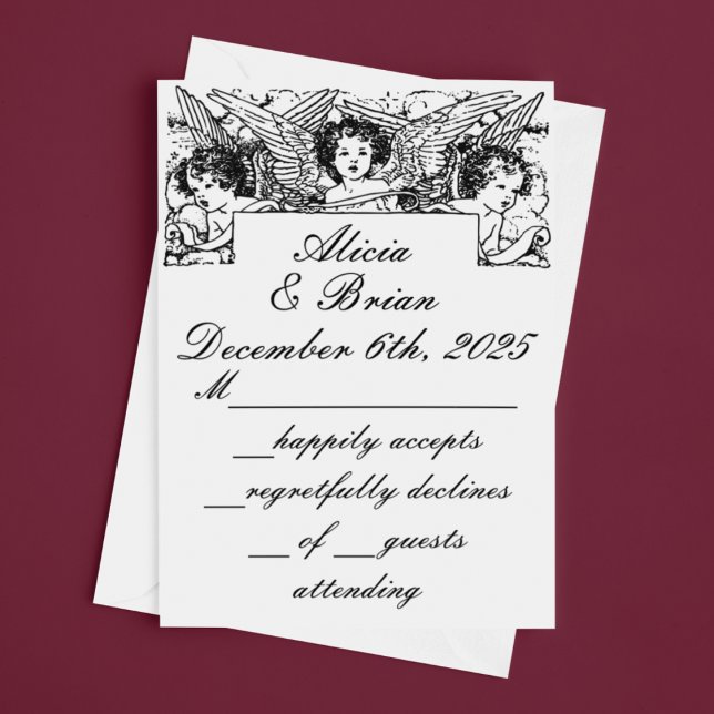 Tarjeta De Confirmación De Asistencia Boda de Cherubs en blanco y negro (Subido por el creador)