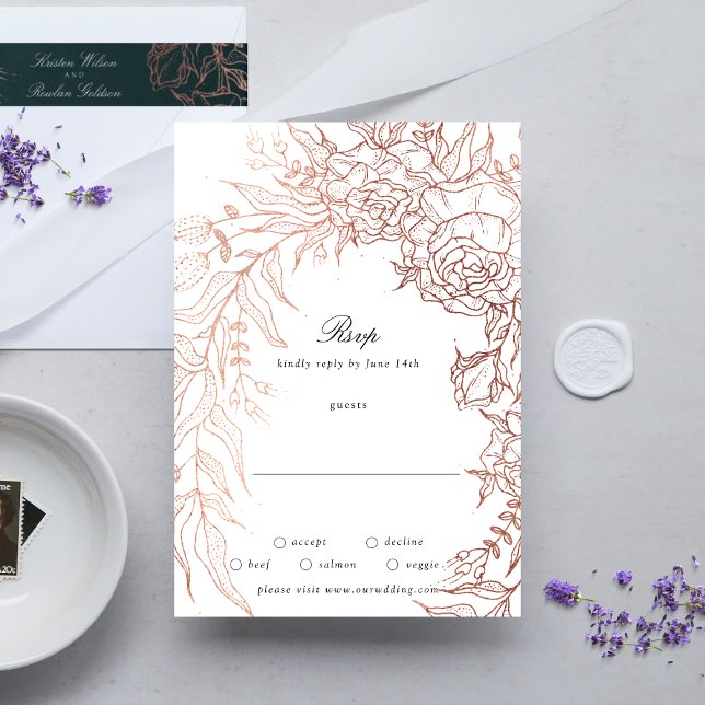 Tarjeta De Confirmación De Asistencia Boda de cobre de esmeralda blanca floral (RSVP showcasing suite - additional items (bought separately))