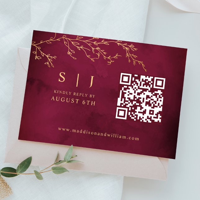 Tarjeta De Confirmación De Asistencia Boda de código QR botánico Crimson Red & Gold (Subido por el creador)
