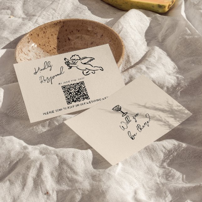 Tarjeta De Confirmación De Asistencia Boda De Código QR Cupido De Mano Escrita Retro (Subido por el creador)