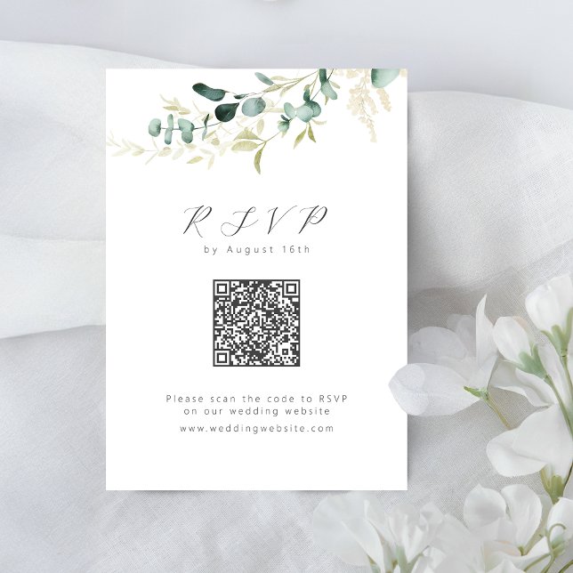 Tarjeta De Confirmación De Asistencia Boda de código QR de eucalipto rústico vegetación  (Rustic eucalyptus greenery boho QR code wedding RSVP Card)