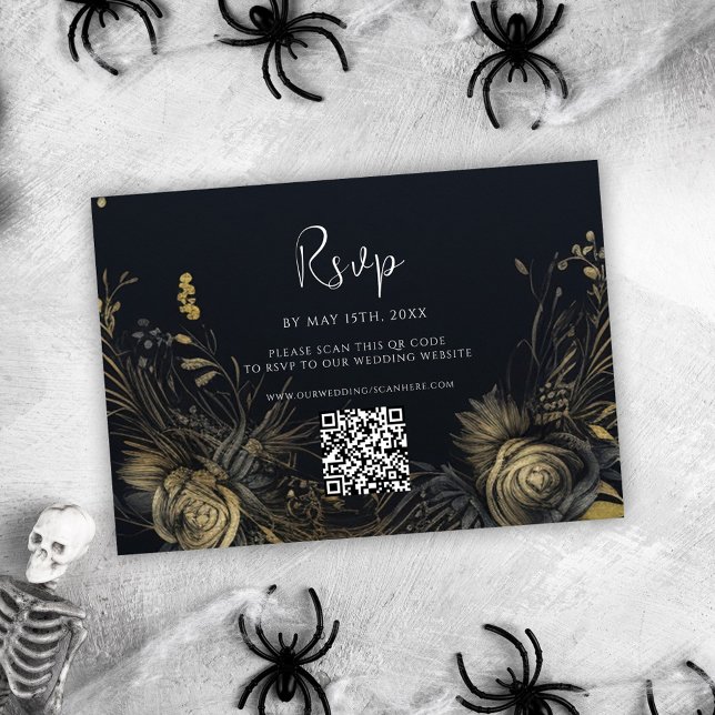Tarjeta De Confirmación De Asistencia Boda de código QR de Halloween gótico (Gothic Halloween QR Code Wedding RSVP Card)