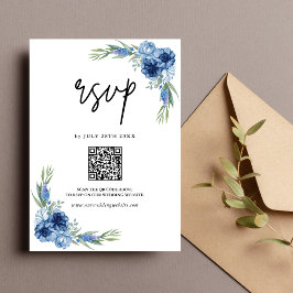 Tarjeta De Confirmación De Asistencia Boda de código QR de la floral azul y agitado