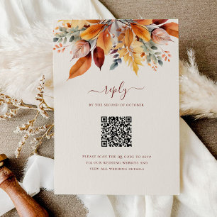 Tarjeta De Confirmación De Asistencia Boda de código QR de otoño con hojas de otoño eleg