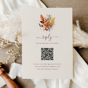 Tarjeta De Confirmación De Asistencia Boda de código QR de otoño con hojas de otoño eleg