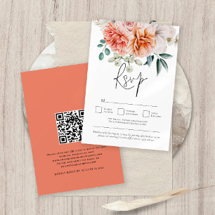 Tarjeta De Confirmación De Asistencia Boda de código QR de Peach Coral Peonies Florals