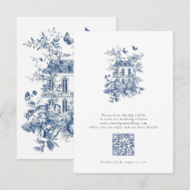 Tarjeta De Confirmación De Asistencia Boda de código QR de Rustic Blue Toile De Jouy