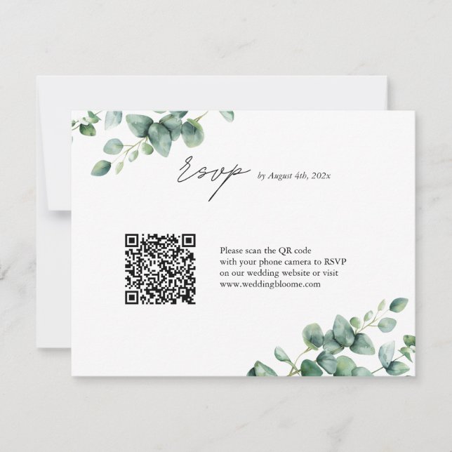 Tarjeta De Confirmación De Asistencia Boda de código QR del guión Greenery Eucalyptus (Anverso)