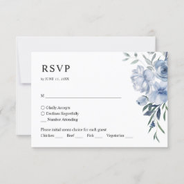 Tarjeta De Confirmación De Asistencia Boda de código QR floral azul elegante y sencillo