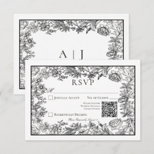 Tarjeta De Confirmación De Asistencia Boda de código QR floral blanco y negro