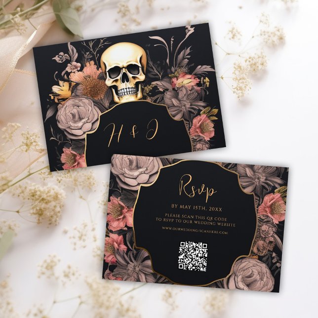 Tarjeta De Confirmación De Asistencia Boda de código QR floral gótica de cráneo (Gothic Skull Floral QR Code Wedding RSVP Card)