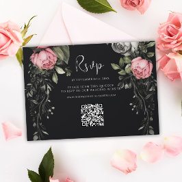 Tarjeta De Confirmación De Asistencia Boda de código QR floral oscuro de Moody