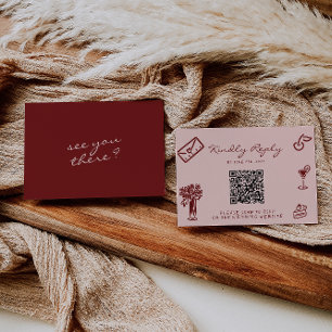 Tarjeta De Confirmación De Asistencia Boda de código QR romántico burdeos rosa dibujado