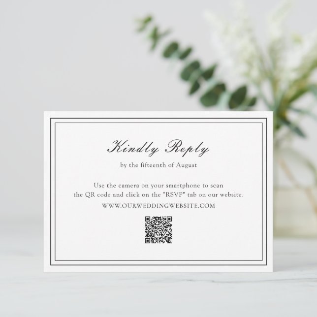 Tarjeta De Confirmación De Asistencia Boda de código QR tradicional en blanco y negro (Anverso de pie)
