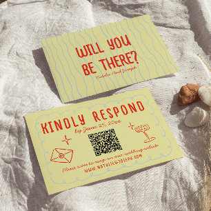 Tarjeta De Confirmación De Asistencia Boda de código QR único con mano retro colorida