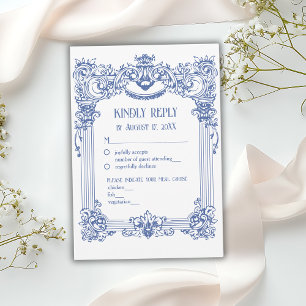 Tarjeta De Confirmación De Asistencia Boda de columna azul barroca floral elegante