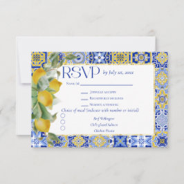 Tarjeta De Confirmación De Asistencia Boda de comida de limón con azulejo azul italiano 
