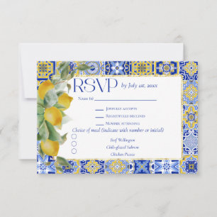 Tarjeta De Confirmación De Asistencia Boda de comida de limón con azulejo azul italiano 