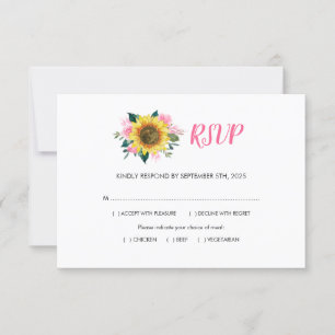 Tarjeta De Confirmación De Asistencia Boda de Comidas Florales en Rosa Rosa y Girasol