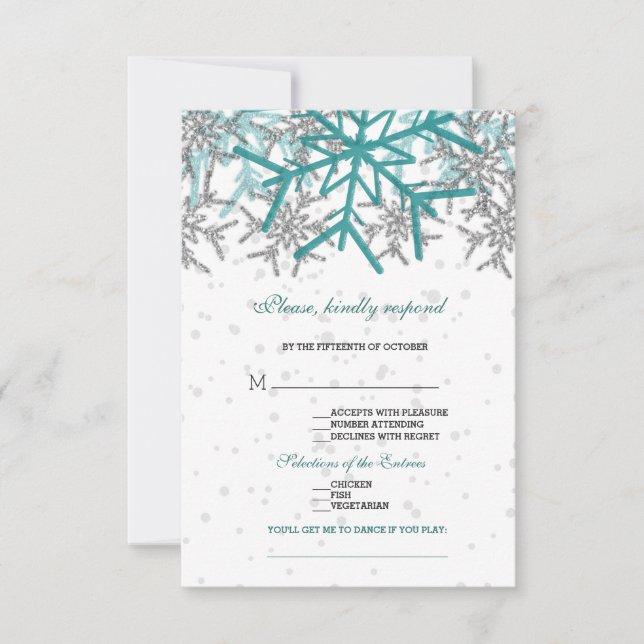 Tarjeta De Confirmación De Asistencia Boda de copos de nieve turquesa de invierno (Anverso)