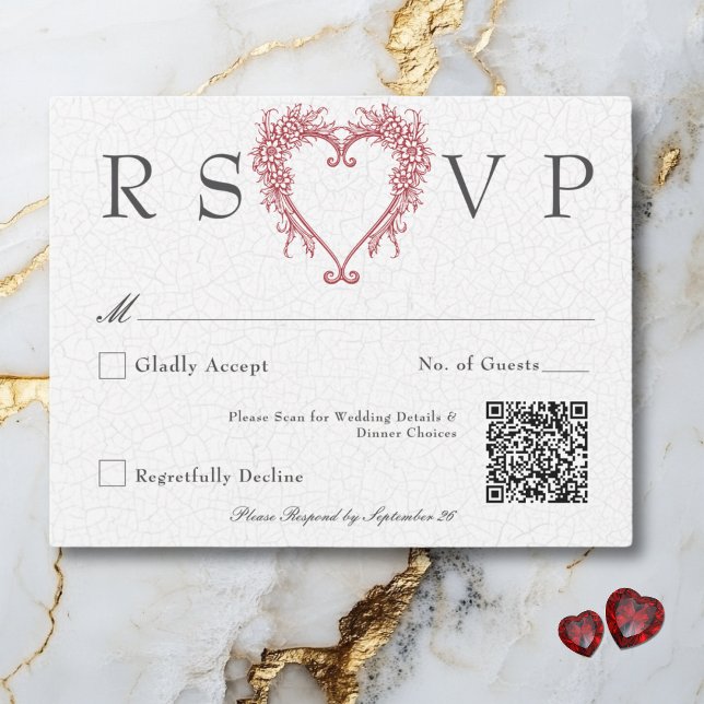 Tarjeta De Confirmación De Asistencia Boda de Corazón Floral Barrio Chino Elegante (Vintage Elegant Chinoiserie Floral Heart Wedding RSVP Card)