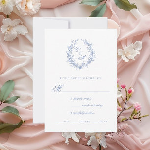 Tarjeta De Confirmación De Asistencia Boda de Corona Botánica de Monograma Azul Polvorie
