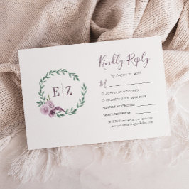 Tarjeta De Confirmación De Asistencia Boda de Corona Floral Verde Morado Monograma