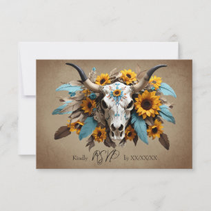 Tarjeta De Confirmación De Asistencia Boda de cráneo de vaca de plumas de girasol de col
