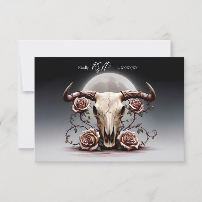 Tarjeta De Confirmación De Asistencia Boda de cráneo romántico de vaca floral medieval (Anverso)