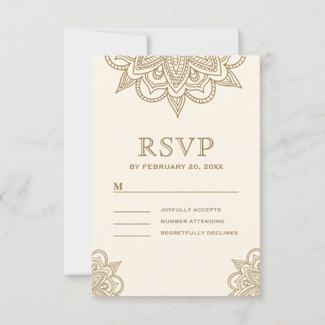 Tarjeta De Confirmación De Asistencia Boda de Cream and Gold Henna Mehndi (Anverso)