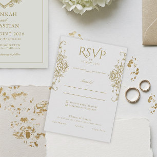 Tarjeta De Confirmación De Asistencia Boda de cresta vintage de dinero antiguo blanco y