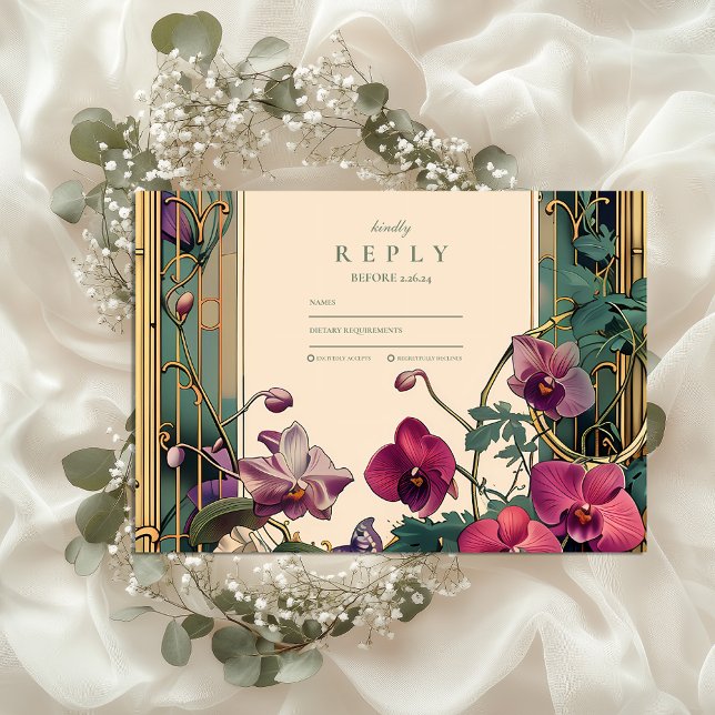 Tarjeta De Confirmación De Asistencia Boda de cuadros orquídeos de Art Nouveau (Subido por el creador)