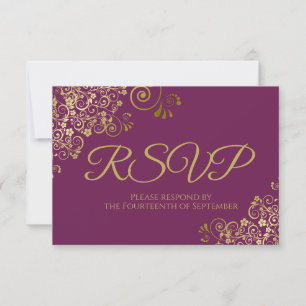 Tarjeta De Confirmación De Asistencia Boda de Cursos de Oro Elegante Cassis Purple Magen
