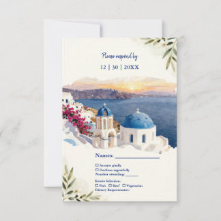 Tarjeta De Confirmación De Asistencia Boda de destino acuarela azul de Santorini