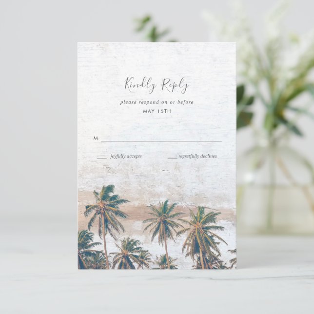 Tarjeta De Confirmación De Asistencia Boda de destino de playa de Palm Tree Rústica (Anverso de pie)