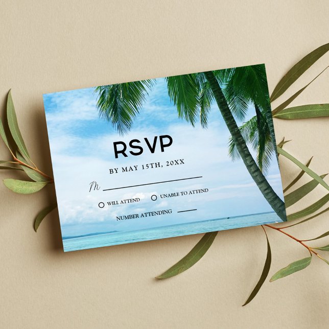 Tarjeta De Confirmación De Asistencia Boda de destino del océano de palmeras tropicales  (Subido por el creador)
