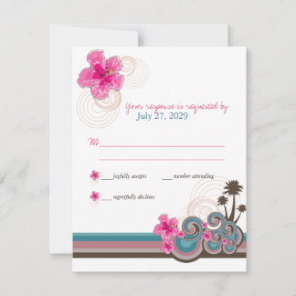 Tarjeta De Confirmación De Asistencia Boda de Destino Hibisco Rosa Olas Tropicales