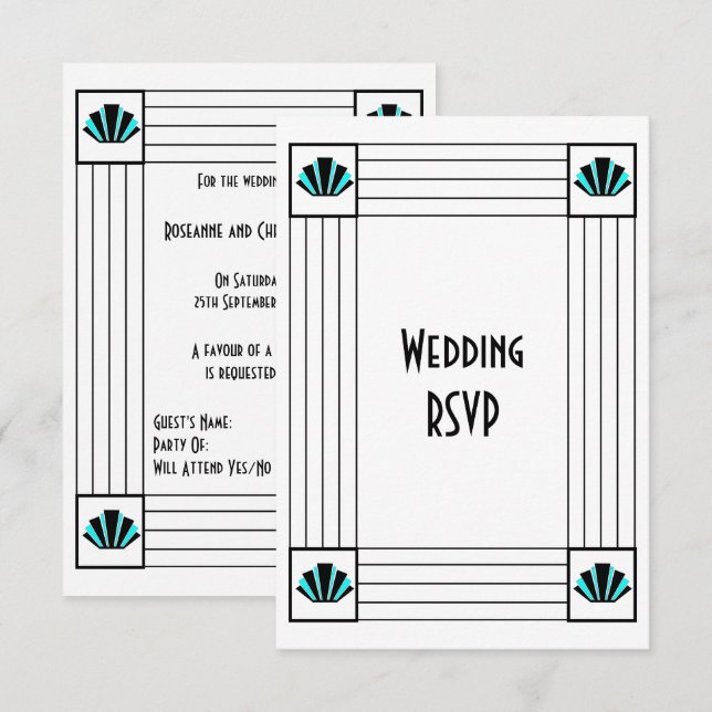 Tarjeta De Confirmación De Asistencia Boda de diseño Art Deco Azul (Anverso / Reverso)