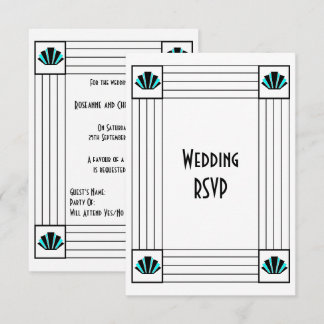 Tarjeta De Confirmación De Asistencia Boda de diseño Art Deco Azul
