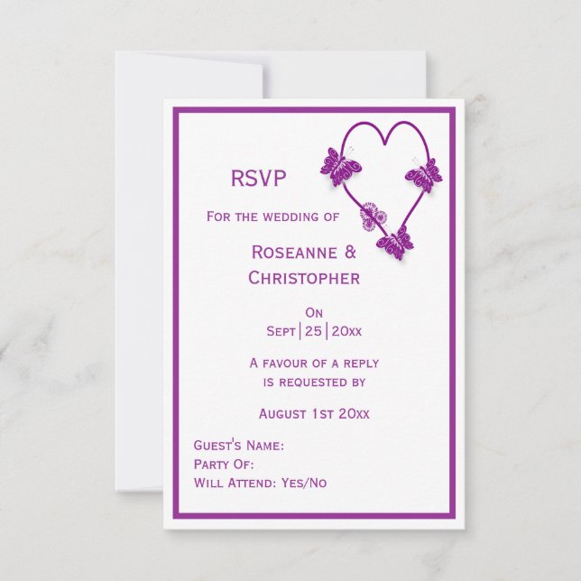 Tarjeta De Confirmación De Asistencia Boda de diseño cardíaco de mariposas moradas (Anverso)
