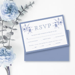 Tarjeta De Confirmación De Asistencia Boda de disposición floral vintage azul elegante