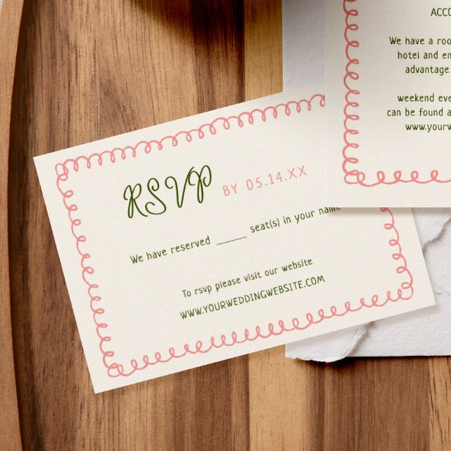 Tarjeta De Confirmación De Asistencia Boda de diversión francés verde rosa dibujado a ma (Subido por el creador)