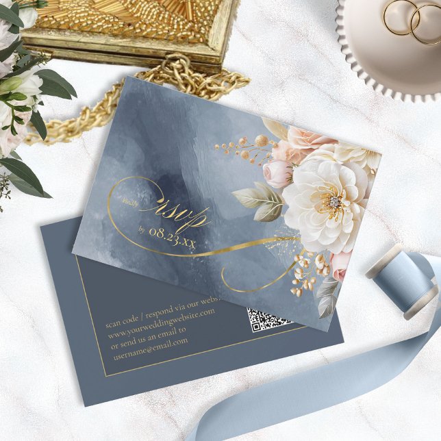 Tarjeta De Confirmación De Asistencia Boda de drama floral Código QR ID1022 azul (Subido por el creador)