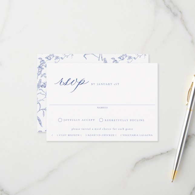 Tarjeta De Confirmación De Asistencia Boda de Elección de Comida Floral Azul Regency (Anverso/Reverso In Situ)