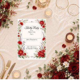 Tarjeta De Confirmación De Asistencia Boda de Elegancia Floral Escarlata Romántica