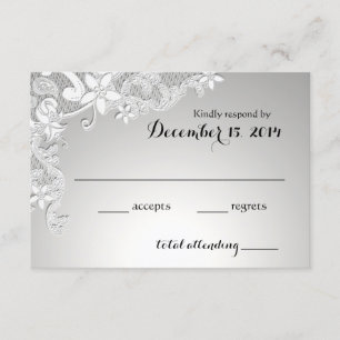 Tarjeta De Confirmación De Asistencia Boda de encaje blanco vintage, Plata