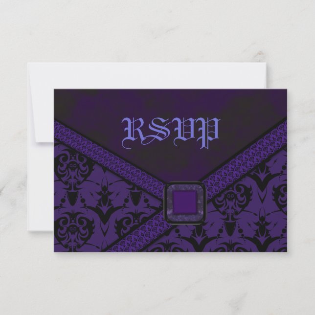 Tarjeta De Confirmación De Asistencia Boda de encaje de Gótico morado y negro (Anverso)