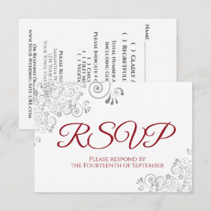 Tarjeta De Confirmación De Asistencia Boda de encaje plateado elegante rojo y blanco
