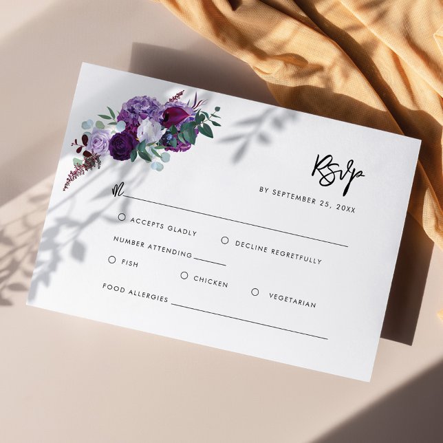 Tarjeta De Confirmación De Asistencia Boda de escritura floral de acuarela moderna (Purple Floral Horizontal Wedding RSVP Card)