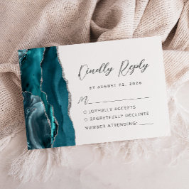 Tarjeta De Confirmación De Asistencia Boda de escritura moderna azul teal plata Agata